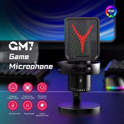 Gaming Microphone Professional Condenser Mic PC Laptop Computer Mike RGB USB Wired Studio Streaming Podcast Gamer Karaoke PC Kit