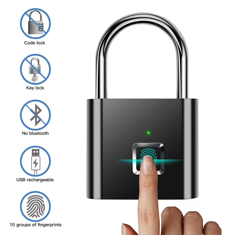 Black Silver Keyless USB Rechargeable Door Lock Fingerprint Smart Padlock Quick Unlock Zinc Alloy Metal Self Developing Chip