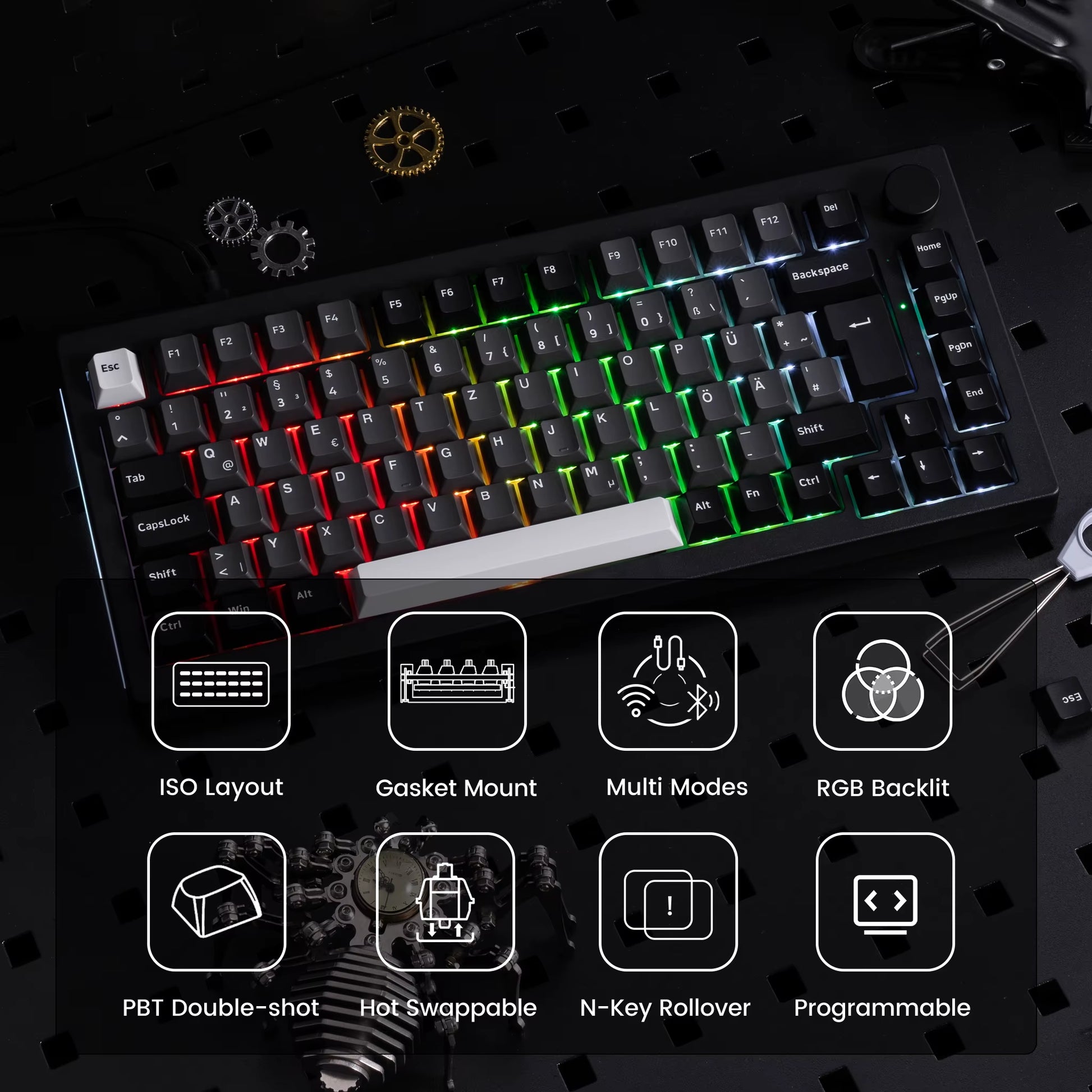 5075B plus 75% ISO-UK QWERTY Layout Mechanical Gaming Keyboard Hot Swap Side LED RGB Multi-Modes 2.4Ghz /USB Type-C/Bt 5.0