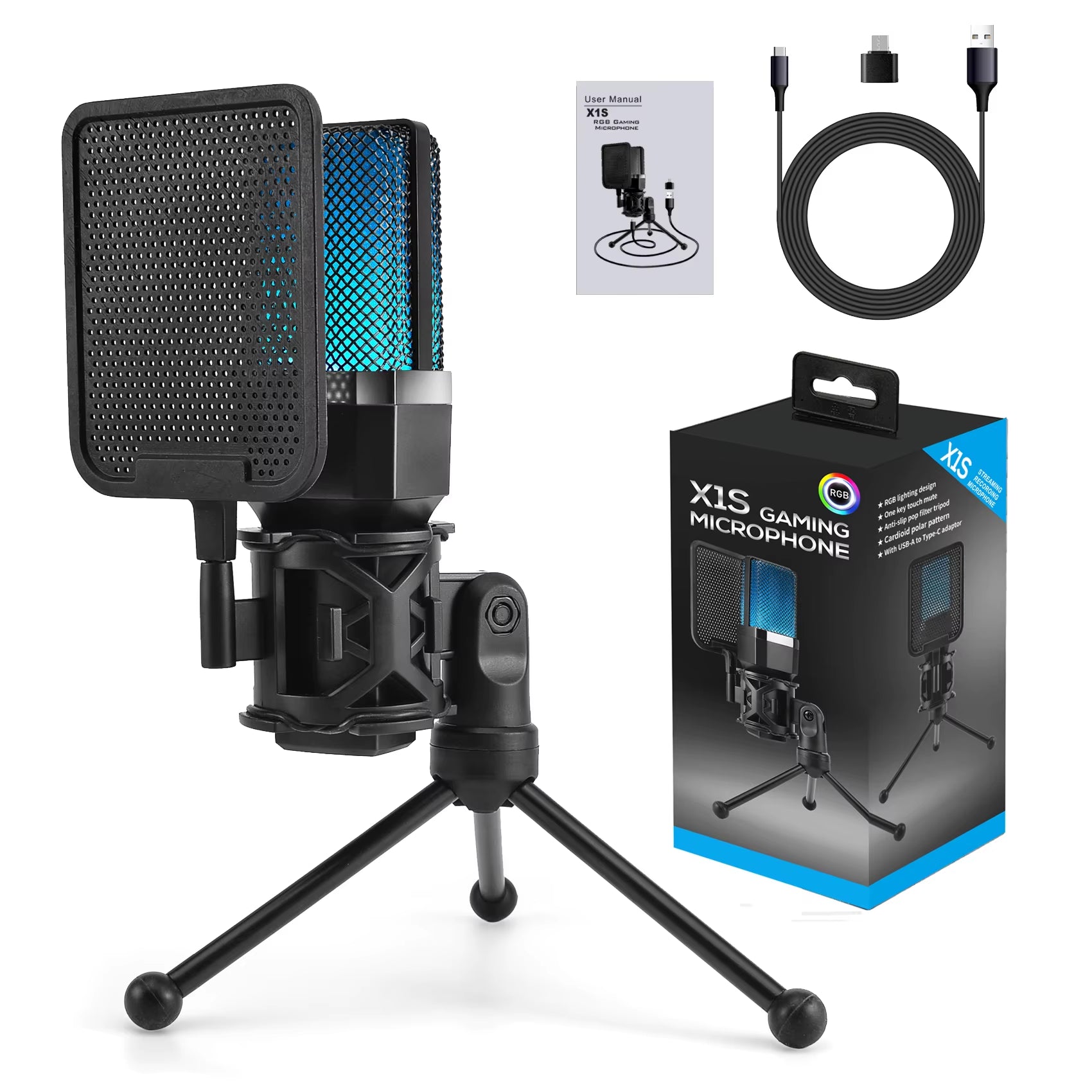 Gaming Microphone Professional Condenser Mic PC Laptop Computer Mike RGB USB Wired Studio Streaming Podcast Gamer Karaoke PC Kit