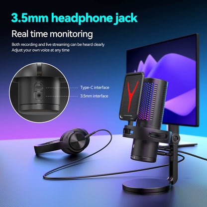 Gaming Microphone Professional Condenser Mic PC Laptop Computer Mike RGB USB Wired Studio Streaming Podcast Gamer Karaoke PC Kit