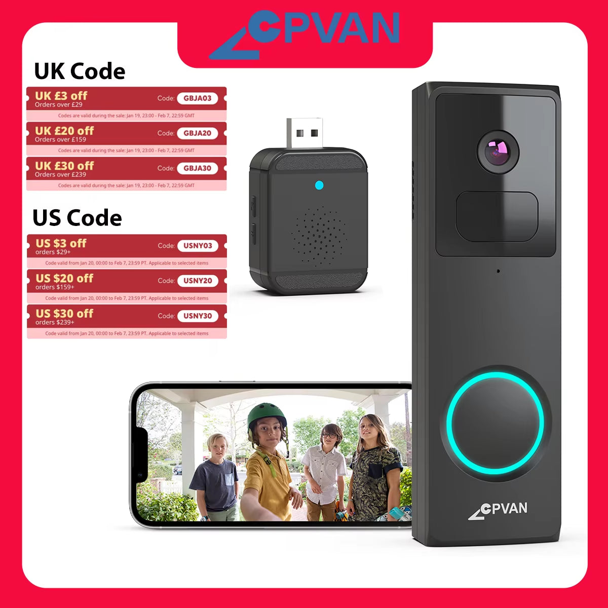 CPVAN Wireless 2.4G Wifi Video Doorbell 1080P HD Camera Door Bell with AI Smart Waterproof Night Vision Security Camera Doorbell